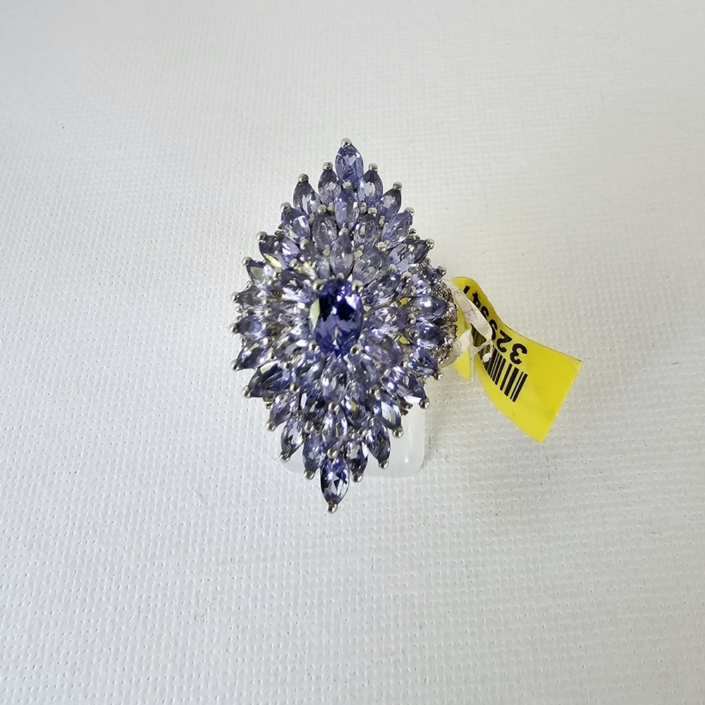 Genuine Tanzanite Cluster Ring Platinum Over Sterling Silver Size 5!